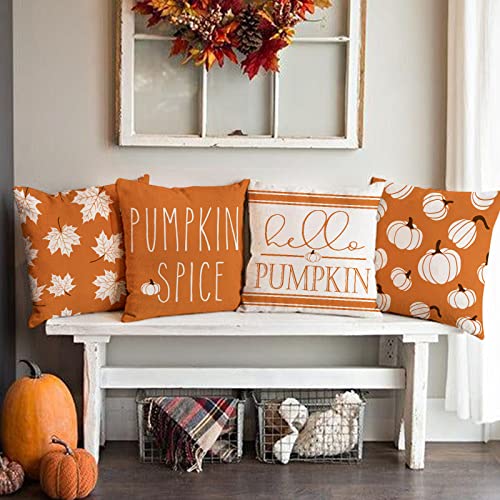 Anydesign Fall Pillow Covers Orange Pumpkin Maple Leaves Cushion Case Pumpkin Spice Hello Pumpkin Throw Pillow Case Farmhouse Decorative Cushion Cover For Harvest Thanksgiving, 18 X 18, 4Pcs #TOP5