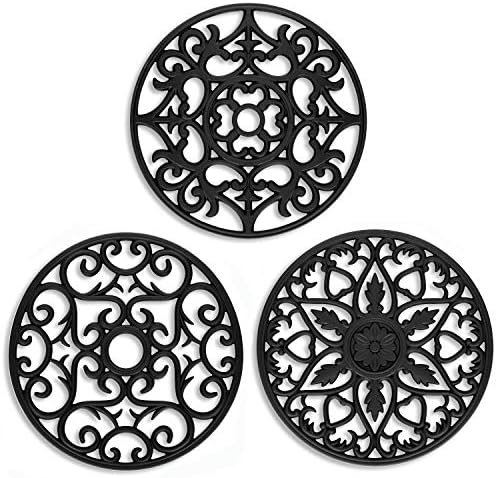 Silicone Trivet ME.FAN 3 Set Silicone Trivet Mat - Multi-Use Intricately Carved Insulated Flexible Durable Non Slip Coasters (Black)