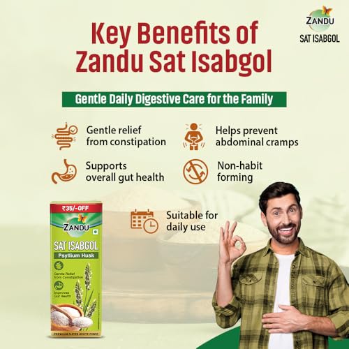 Image of Zandu Sat Isabgol (Psyllium Husk)200gm| Premium Super White Fibre | Gentle relief from Constipation | Improves Gut Health| Eases Bowel movement | No Added Sugar | Natural & Safe