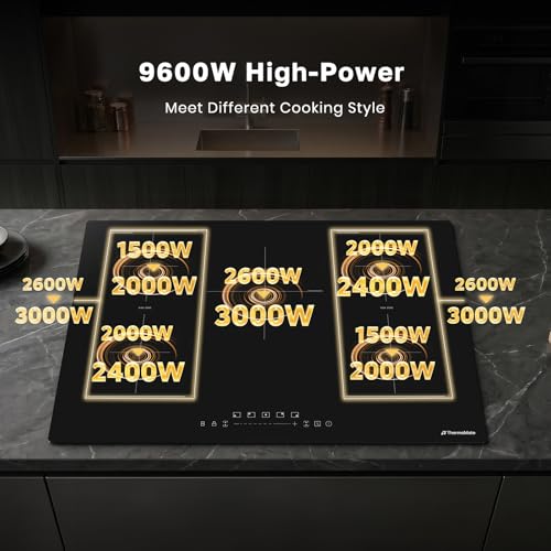 Image of ThermoMate 30 Inch Induction Cooktop, 5 Burners Electric Stove Top with Bridge-SYNC, 9600W Built-in Induction Cooktop, 9 Heat Levels, Power Boost, Sensor Touch Control, Timer & Child Lock, 240V