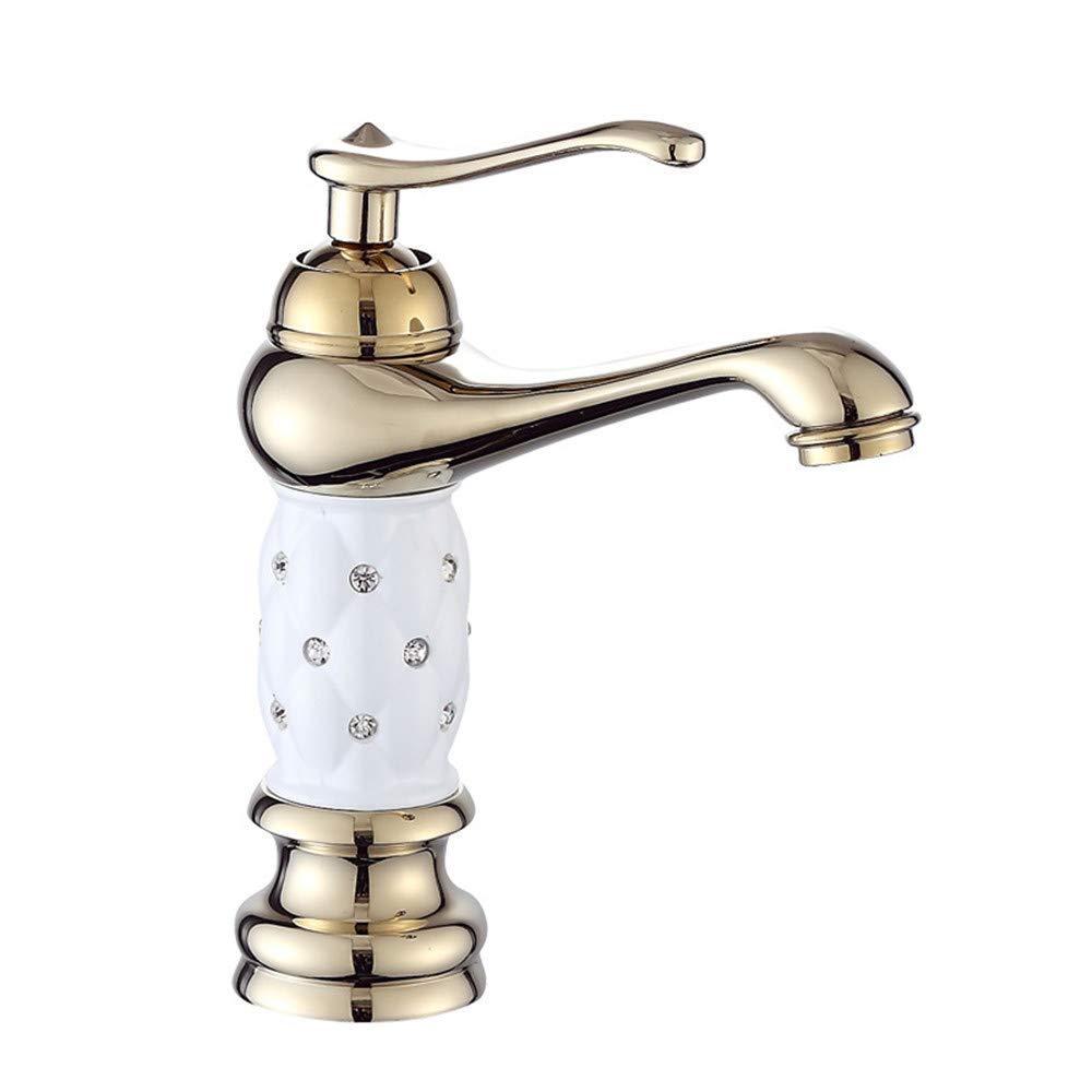 Grifo de Lavabo de Oro Mezclador de Agua fría y Caliente Grifo de Lavabo de baño Chapado en Oro Juego de Lavabo de latón Diamante Monomando Tipo Rascacielos con aireador