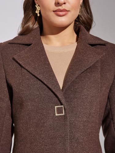 Image of Latin Quarters Women's Brown A-Line Lapel Collared Casual Solid Coat