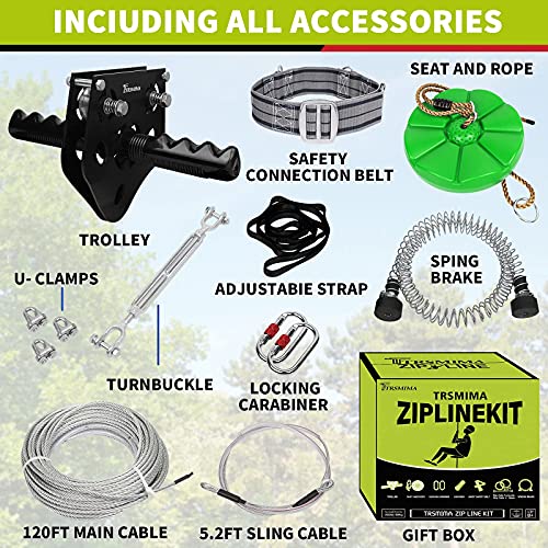 100 Ft /120 Ft /150 Ft/180Ft Zip Line Kit For Kids And Adult Up To 380 Lb - Updated Removable Design Trolley And Thickened Seat, 100% Rust Proof W/ Safety Harness - Zipline Kits For Backyard #TOP5
