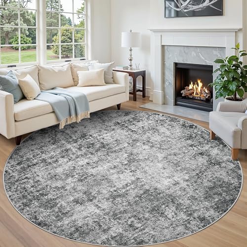 Round Rug 8ft Circle Rug Washable: Carpet Circular Area Rug for Entryway Kitchen Bedroom Dining Room Living Room Large 8 Feet Abstract College Dorm Non Slip Low Pile Black Grey