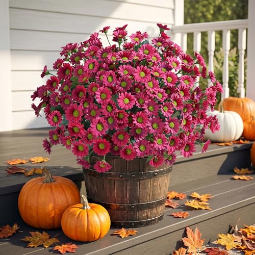 Image of HyeFlora Artificial Mums for Outdoors Fall Decor, 6 Bundles Fake Flowers UV Resistant Realistic Faux Flowers Bouquet Silk Flowers for Outside Planter Porch Patio Garden Yard Balcony Home, Fushsia
