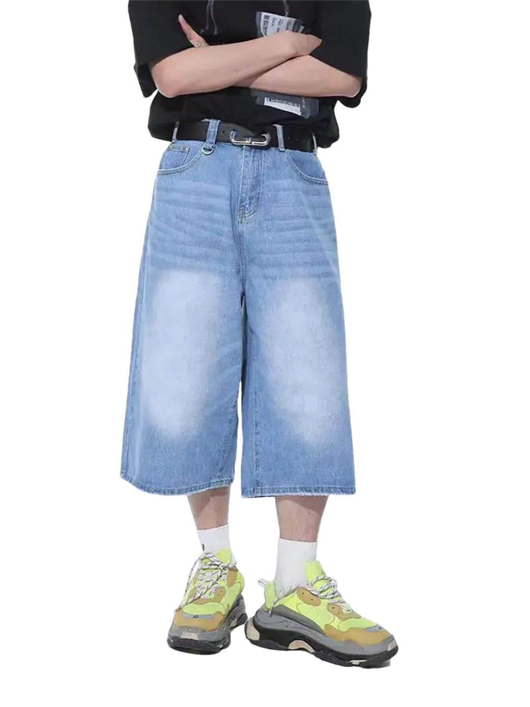 Damskie dżinsy retro unisex styl szerokie nogawki wysoka talia luźne krótkie spodenki, Jasnoniebieski, L