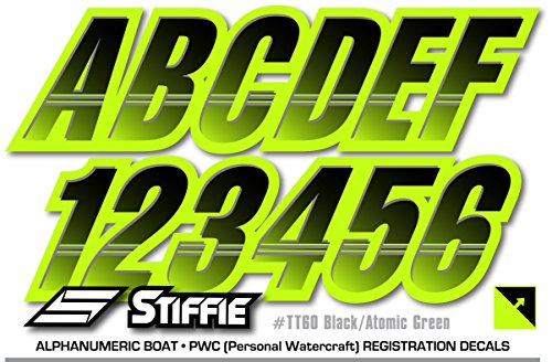 Image of STIFFIE Techtron Black /Atomic Green 3 inch Boat & PWC Registration Decals • Numbers Letters Stickers