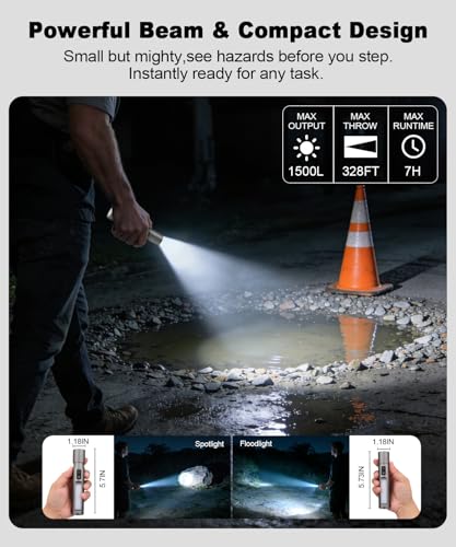 Image of Small Powerful Flashlights,LED Pocket EDC Flashlight Rechargeable with Magnetic Base&Hanging Loop,1500 High Lumens,Dual Switch,COB Red Light,7 Modes,USB C Flash Light for Home Emergency Car Camping2PC