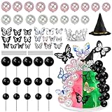 55PCS Witch Cake Toppers Witch Hat Silver Crown Pink Black Balls 3D Butterfly Cake Decorations for Witch Theme Birthday Party Wedding Decorations Supplies