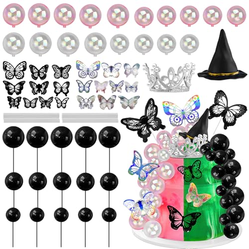 55PCS Witch Cake Toppers Witch Hat Silver Crown Pink Black Balls 3D Butterfly Cake Decorations for Witch Theme Birthday Party Wedding Decorations Supplies