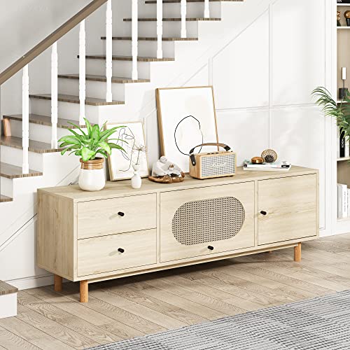 Modern Farmhouse TV Stand with Rattan Doors for 70 Inch TV