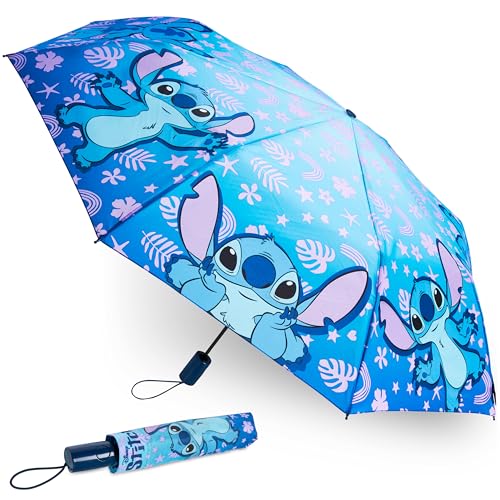 Disney Stitch Automatic Umbrella for Kids Teens Adults, Folding Telescopic Umbrella Lightweight Travel School, Gifts for Kids (Blue Stitch)