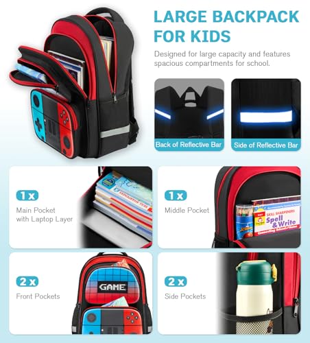 Image of Boys Backpack for School, 3-in-1 Gaming Backpack Set with Lunch Bag & Pencil Case, Large Capacity School Bookbag Fits 15.6 inch Laptop, Lightweight Gamer Backpack for Boys Ages 6-14