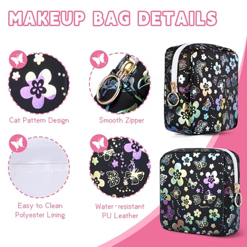 Image of Likesing 5.1 inch Mini Makeup Bag for Purse, Leather Small Makeup Pouch Travel Cosmetic Make up Bags for Women Girls, Cute Preppy Mini Toiletry Bag Coin Pouch Period Bag(Flower Butterfly Black)
