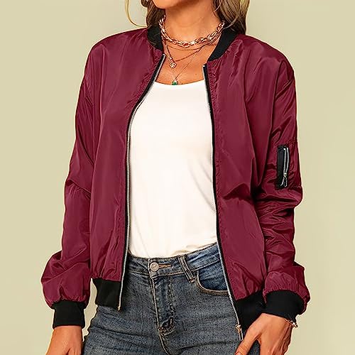 Women's Zip Up Bomber Jacket Casual Long Sleeve Spring Zipper Coat Lightweight Solid Outerwear Windbreaker with Pockets4