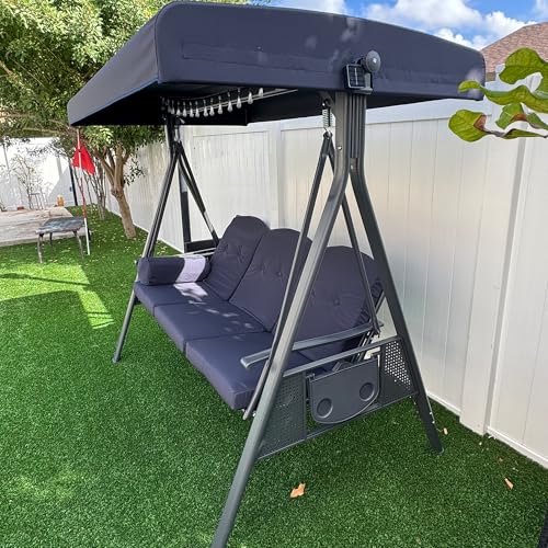 Image of PURPLE LEAF Outdoor Patio Porch Swing with Stand, 3-seat Swing Chair with Adjustable Tilt Canopy All-Weather Steel Frame for Backyard Front Porch Lawn, Cushions and Pillow Included, Navy Blue