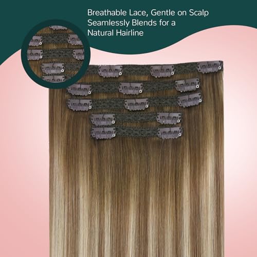 Image of Easyouth Clip in Extension Real Human Hair Balayage Clip in Real Hair Extensions Dark Brown Ombre Light Brown with Blonde Remy Human Hair Clips in Extension for Women 80G 16 Inch 5Pcs