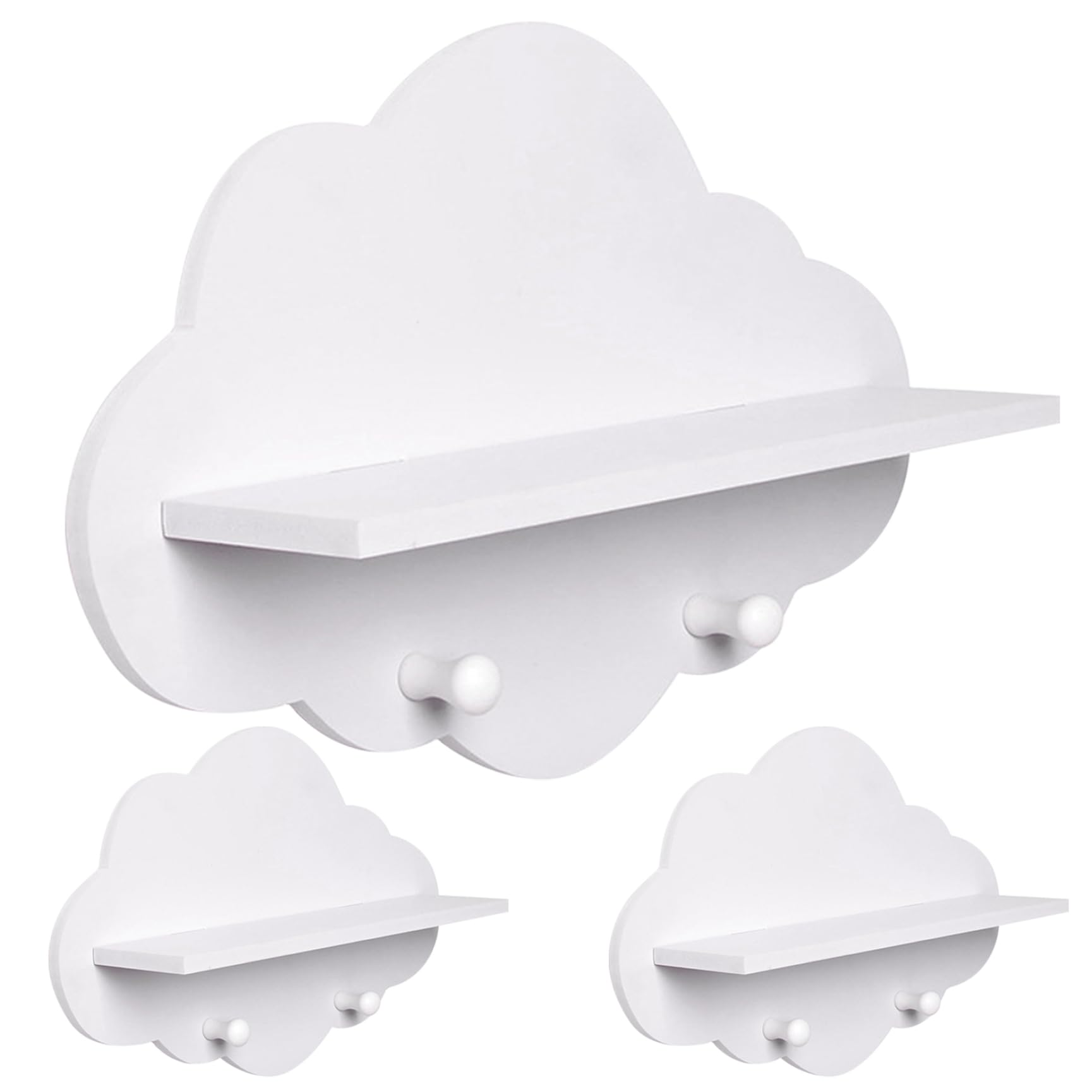 Set di 3 mensole galleggianti a forma di nuvola bianca, con appendiabiti, per cameretta dei bambini, accessori decorativi per mensole