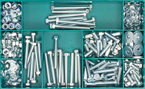 Schrauben-Sortiment – 340-tlg. – verzinkter Stahl 8.8 – M8 – DIN 933, 934, 985, 125, 127, 9021 – Sechskantschrauben mit Muttern & Unterlegscheiben – In stabiler Sortimentsbox