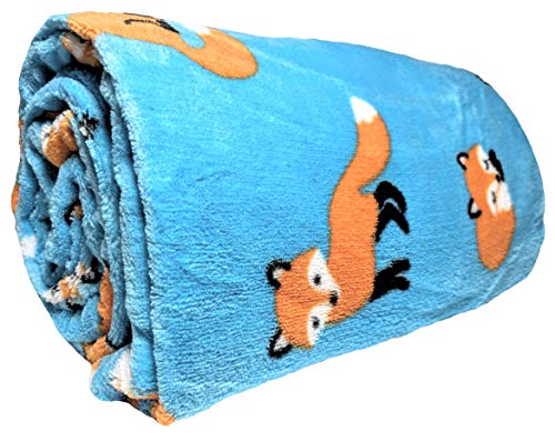 JustHome Fun Print Soft Cozy Lightweight 50 x 60 Fleece Throw Blanket (Turquoise with Orange Foxes)