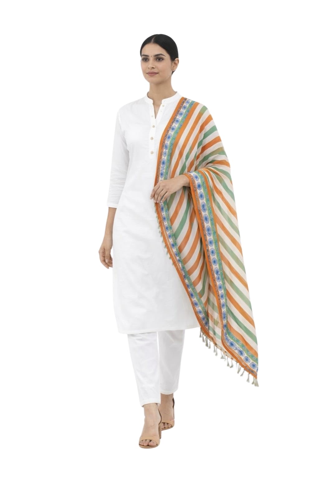 creative kurti palace White Rayon Cotton Kurti with Tricolour Silk Chunni Dupatta for Women | Straight Fit Ethnic Set-picture-45