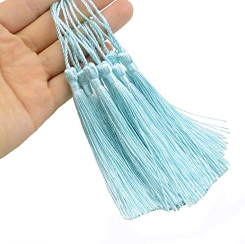 Image of 100pcs 13cm /5 Inch Silky Floss Bookmark Tassels with 2-Inch Cord Loop and Small Chinese Knot for Jewelry Making, Souvenir, Bookmarks, DIY Craft Accessory (Light Blue)