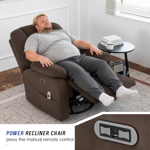 Image of Power Swivel Rocker Recliner Chair for Adults, Electric Rocking Recliner with Massage and Heat for Living Room Bedroom, Fabric Reclining Sofa Chair with USB and Type-C Ports,Brown