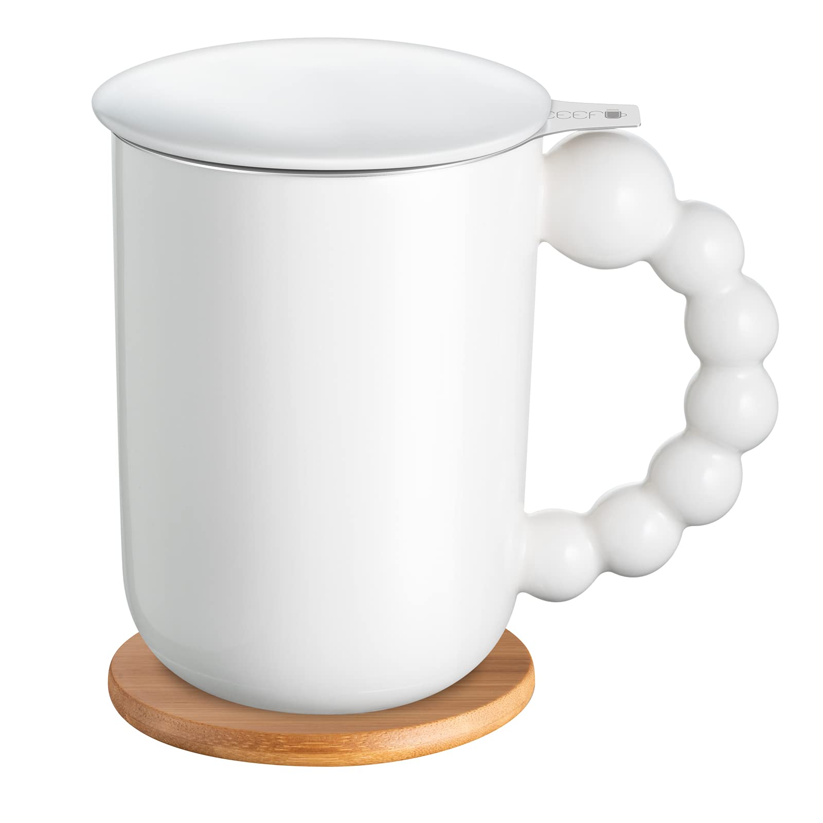 Photo 1 of CEEFU Bubble Handle Cup Mug with Infuser and Coaster- Unique Nordic Ceramic Mugs with Large Handle, Comfortable Pottery Coffee Cup Mugs - White