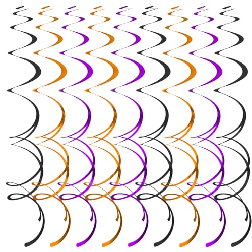Image of 40Pcs Hanging Swirls Party Decorations Plastic Spirals Streamers Foil Ceiling Decor for Halloween Fall Birthday Office Classroom Home - Black Orange Purple