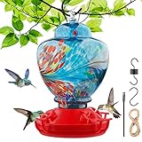 Hummingbird Feeder for Outdoors Patio Large 34 Ounces Colorful Glass Hummingbird Feeder with Ant Moat Hanging Hook, Rope, Brush (Blue)