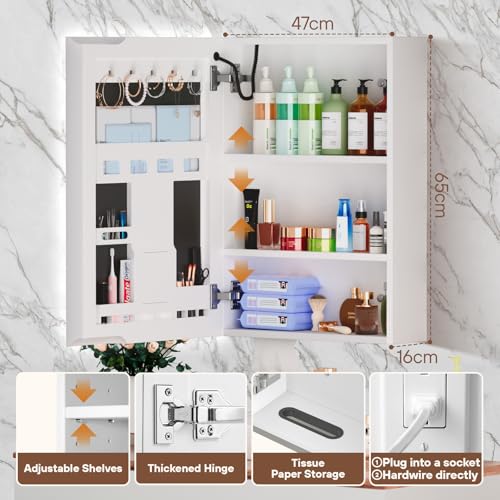 خزانة مراة حمام تثبت على الحائط من تيانكينوك - خزانة مراة قابلة للتعتيم مع اضواء LED - خزائن حمام مع وظيفة ذاكرة مضادة للضباب - ارفف قابلة للتعديل ومستشعر لمس وتخزين مخفي