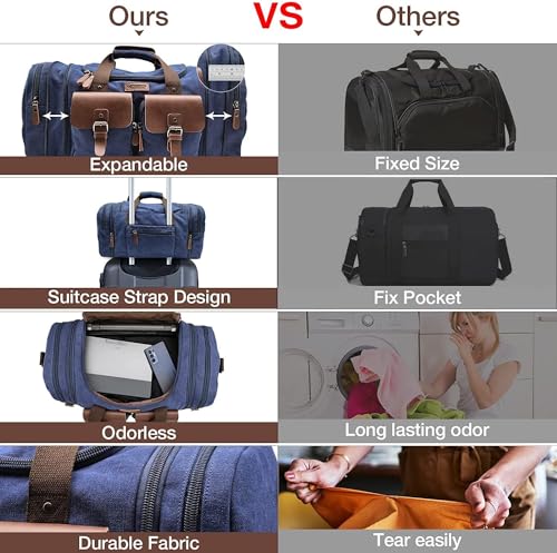 Image of Wildroad 60L Travel Duffel Bag, Expandable Canvas Genuine Leather Duffle Bag Upgraded Overnight Weekender Bag Carry on Bag