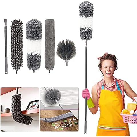 KAZOLEN 4 Pieces Telescopic Duster, Microfibre Washable Scratch-Resistant Dust Corner Broom Wiper Extendable Feather for Ceiling Fans, Blinds, Spider Web, 75-250 cm Length Cover