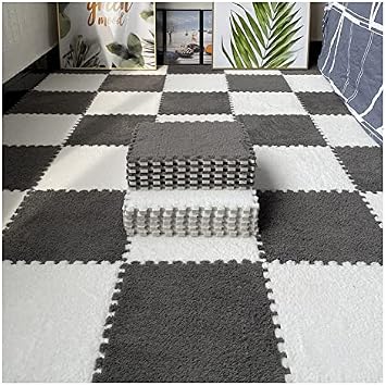 Patchwork carpet12 Pcs Interlocking Carpet Tiles, Plush Foam Square Floor Mats Set, Puzzle Floor Mat For Living Room, Bedroom And Hard Floor, 12 Tiles/12 Sq.FtColorGrey+White