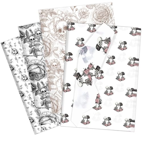 Larcenciel Papel de Seda con Calaveras y Rosas, 60 Hojas Floral Papel Seda para Envolver, Embalaje Regalo Negro, Blanco y Marrón para Halloween, Año Nuevo, Día de los Muertos, Fiesta, DIY, 50x35CM