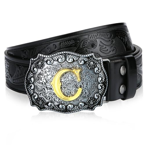 Image of Mens Western Cowboy Cowgirl Faux Leather Belt Longhorn Bull Pattern Letter Big Buckle Embossed Floral Belts
