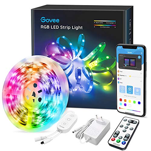 Govee LED Strip 5m, RGB LED Streifen Bluetooth, Farbwechsel, Musik Sync, 64 Szenenmodus,Steuerbar via App-steuerung, Fernbedienung und Steuerbox