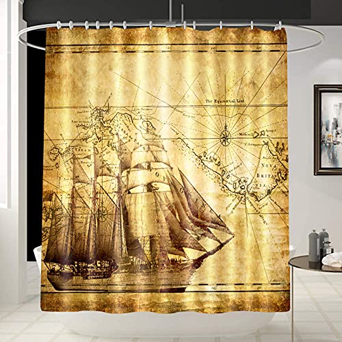 Tucocoo Vikings Sailing Wall Fabric Shower Curtain Retro and Old Map Curtain for Bathroom/Washroom with 12 Hooks Waterproof,Vikings Shower Curtains for Bathroom Gift for Man/Girl/Woman -70 x 70Inches