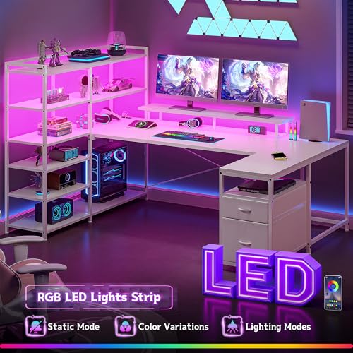Image of DurayLoly 63 inch L Shaped Desk with 6-Tier Shelves & 2 Fabric Drawers,White | Reversible Corner Desk with Monitor Stand & CPU Stand,Power Outlet & LED Lights,Computer Desk for Home Office,Bedroom