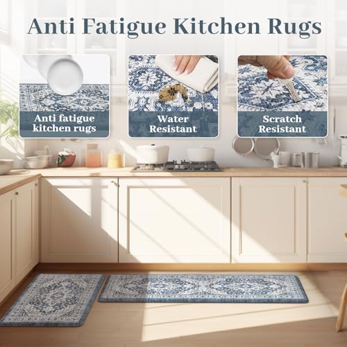 Image of LEEVAN Blue Anti Fatigue Mats for Kitchen Floor Sets of 2,Memory Foam Cushioned Kitchen Mats for Floor,Non Slip Waterproof Ergonomic Boho Kitchen Mat for Sink,Laundry,Home,Office(17''x29''+17''x47'')