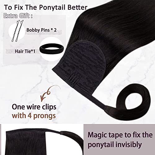 RUNATURE 14 Inch Ponytail hair Extension Black Human Hair Clip in Ponytail Hair Extension Real Human Hair Off Black Ponytail Extension 80 Gram #1B - Image 4
