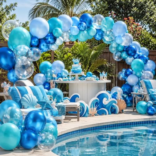 Image of Ocean Themed Party Balloons, 12 Inches Turquoise Teal Blue Clear Metallic Balloons for Ocean Shark Sea Themed Pool Party Baby Shower Birthday Beach Decorations