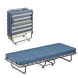 GOPLUS Cama Plegable Comfort, Colchón de Poliuretano de 6,5 cm de Alto, Somier Individual de Listones de Madera de 80 x 190 cm, Ahorra Espacio con Ruedas, Estable Armadura de Metal, Cama de Invitados
