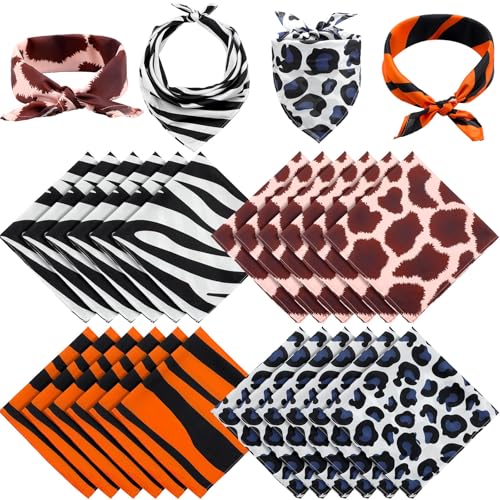 Toulite 24 Pcs Animal Print Bandana Pattern Scarves 4 Styles 20x20 Inch Bandanas for Women Men, Halloween Fashion Head Wrap Neck Scarf (leopard/tiger/zebra/giraffe)