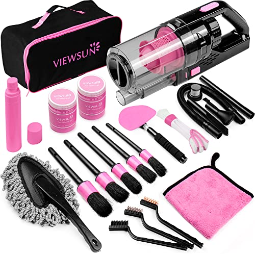 Viewsun 17pcs Car Cleaning Kit, Pink Car Interior Detailing Kit with High Power Handheld Vacuum, Detailing Brush Set, Windshield Cleaner, Cleaning Gel, Complete Car Cleaning Supplies for Women