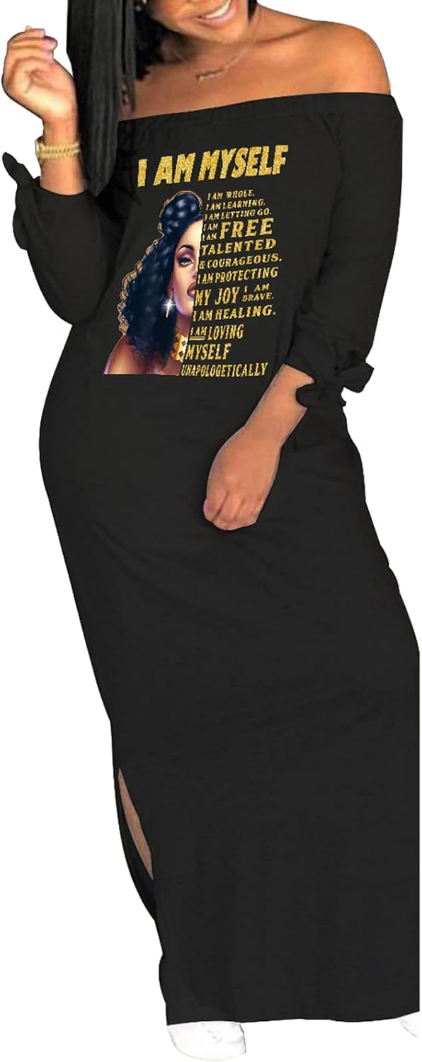 Women's Casual Off Shoulder Maxi Dress - African Print Summer Loose Long Sleeve Tunic T Shirt Dresses with Pockets - Image 2