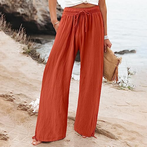 Linen Pants For Women Summer High Waisted Wide Leg Pants Casual Elastic Waist Palazzo Pants Boho Beach Pants With Pockets Drawstring Long Lounge Pant Comfy Loose Trousers Dressy Flowy Hiking Pants #TOP2