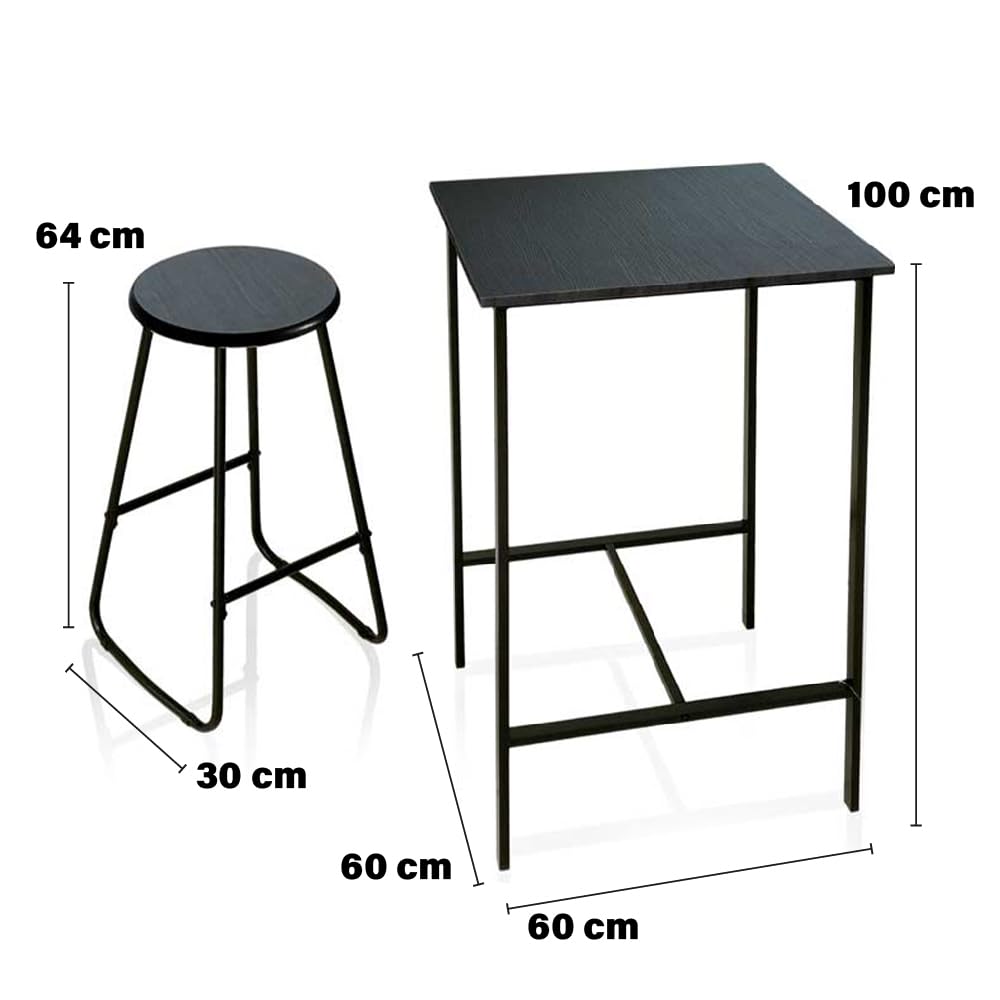 Set Tavolo Alto con 2 Sgabelli - Quadrato, in Legno, Struttura in metallo, Stile Moderno, Industriale, per Bar, Casa - Tavolo 60 x 60 x 100h cm (Nero)