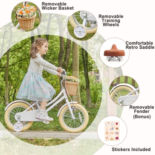 Image of Glerc Little Molly 12-20 Inch Kids Retro Cruiser Bike for 2-13 Year Old with Wicker Basket & Training Wheels /Kickstand, Multiple Colors