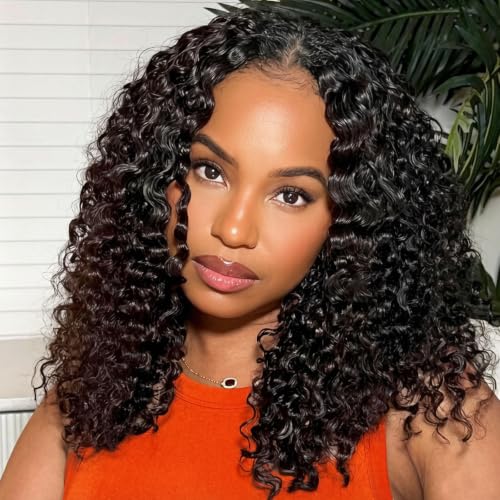 SOEZ 16 Inch Bob Wig Human Hair 13x4 HD Deep Wave Lace Front Wigs Human Hair Natural Black Short Curly Bob Wig Water Wave Human Hair Wig 180% Density Glueless Wet Wavy Wig for Women Pre Plucked